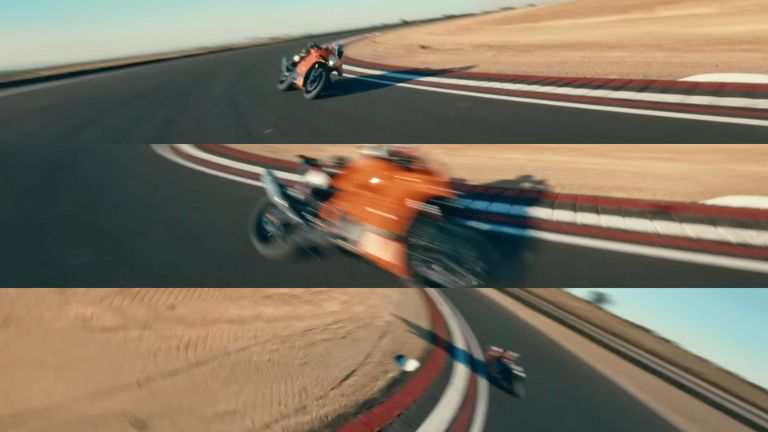 Sequenz aus drei Stills eines FPV-Drohnenmanövers: Anflug auf Dani Pedrosa auf dem Motorrad, gefolgt von einem dynamischen Mitschwenker während des Vorbeiflugs auf der Rennstrecke.